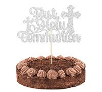Gyufise 1Pcs First Holy Communion Cake Topper Christian Baptism Cake Pick Decorations Religious God Bless Baby Shower Kids Birthday Cake Decorations for Baptism Christening Party Supplies Silver
