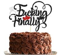 Gyufise 1Pcs Fucking Finally Cake Topper Glitter Diamond Ring Funny Wedding Engagement Cake Pick Bridal Wedding Cupcake Decoration Party Supplies Black