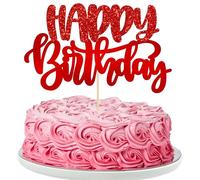 Gyufise 1Pcs Glitter Happy Birthday Cake Topper for Celebrating Anniversary Theme Party Cake Decorations Supplies Red