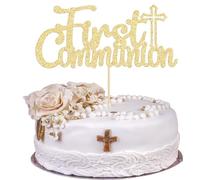 Gyufise 1Pcs Gold Glitter First Communion Cake Topper First Communion Cake Decoration for Kids God Bless Cake Topper Decorations