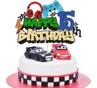 Gyufise 1Pcs Happy 15th Birthday Cake Topper Glitter Video Game Cake Pick Game On Controllers Fifteen Cheers to 15 Years Cake Decoration for Game Theme Happy 15th Birthday Party Supplies