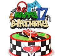 Gyufise 1Pcs Happy 17th Birthday Cake Topper Glitter Video Game Cake Pick Game On Controllers Seventeen Cheers to 17 Years Cake Decoration for Game Theme Happy 17th Birthday Party Supplies