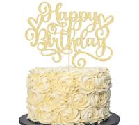 Gyufise 1Pcs Happy Birthday Cake Topper Glitter Cake Pick Bunting Decor for Anniversary Celebrating Party Cake Decorations Supplies Gold