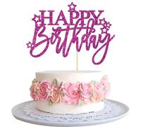 Gyufise 1Pcs Happy Birthday Cake Topper Glitter Happy Birthday Cake Pick for Celebrating Happy Birthday Anniversary Theme Party Cake Decorations Supplies Light Purple
