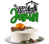 Gyufise 1Pcs Happy Birthday Jesus Cake Topper Glitter Jesus Birthday Cake Decorations Jesus is Reason for the Season for Nativity Scene Christmas Birthday Party Decorations Green