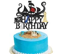 Gyufise 1Pcs Pirates Happy Birthday Cake Topper Pirate Ship Nautical Cake Pick for Pirates Theme Baby Shower Birthday Party Cake Decorations Supplies Gold