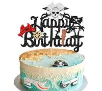 Gyufise 1Pcs Pirates Happy Birthday Cake Topper Pirate Ship Nautical Cake Pick for Pirates Theme Baby Shower Birthday Party Cake Decorations Supplies Silver