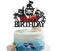 Gyufise 1Pcs Pirates Happy Birthday Cake Topper Pirate Ship Nautical Cake Pick for Pirates Theme Baby Shower Birthday Party Cake Decorations Supplies Red