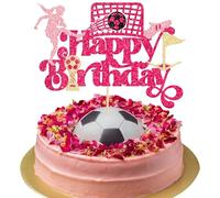 Gyufise 1Pcs Soccer Happy Birthday Cake Topper Glitter Football Player Cake Pick Decorations for Sport Theme Man Boy Girl Party Decoration Supplies Rose Red