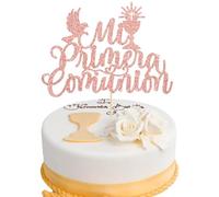 Gyufise 1Pcs Spanish Mi Bautizo Cake Topper with Glitter Cross Holy First Communion Baptism Cake Toppers Picks Religious God Bless Baptism Theme Baby Shower 1st Birthday Party Supplies Rose Gold