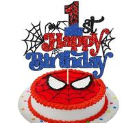 Gyufise 1Pcs Spider Happy 1st Birthday Cake Topper Red Blue Glitter Baby Shower Party Cake Decoration for Spider Themed Birthday Anniversary Party Supplies