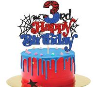 Gyufise 1Pcs Spider Happy 3rd Birthday Cake Topper Red Blue Glitter Baby Shower Party Cake Decoration for Spider Themed Birthday Anniversary Party Supplies