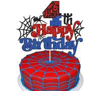 Gyufise 1Pcs Spider Happy 4th Birthday Cake Topper Red Blue Glitter Baby Shower Party Cake Decoration for Spider Themed Birthday Anniversary Party Supplies