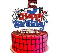 Gyufise 1Pcs Spider Happy 5th Birthday Cake Topper Red Blue Glitter Baby Shower Party Cake Decoration for Spider Themed Birthday Anniversary Party Supplies