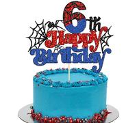 Gyufise 1Pcs Spider Happy 6th Birthday Cake Topper Red Blue Glitter Baby Shower Party Cake Decoration for Spider Themed Birthday Anniversary Party Supplies