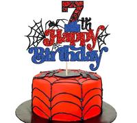 Gyufise 1Pcs Spider Happy 7th Birthday Cake Topper Red Blue Glitter Baby Shower Party Cake Decoration for Spider Themed Birthday Anniversary Party Supplies