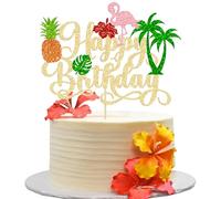 Gyufise 1Pcs Tropical Luau Happy Birthday Cake Topper Glitter Flower Palm Tree Flamingo Turtle Leaf Pineapple Aloha Cake Pick for Summer Beach Hawaii Theme Party Cake Decorations Supplies Orange