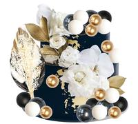 Gyufise 21 Pack Flower Boho Cake Topper Ball Cake Decorations Palm Leaves Plants Cake Decor for Girl Bohemian Princess Theme Wedding Baby Shower Birthday Party Supplies Black Gold