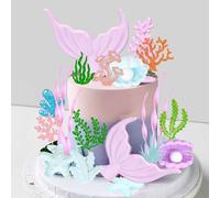 Gyufise 21Pcs Mermaid Cake Topper Big Mermaid Tails Seaweed Bubbles Shells and Golden Ginkgo Leaves Cake Set for Mermaid Under The Sea Cake Decor Birthday Party Supplies Purple