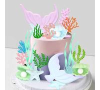 Gyufise 21Pcs Mermaid Cake Topper Big Mermaid Tails Seaweed Bubbles Shells and Golden Ginkgo Leaves Cake Set for Mermaid Under The Sea Cake Decor Birthday Party Supplies Blue