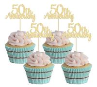 Gyufise 24 Pack 50th Anniversary Cupcake Toppers Picks Gold Glitter Happy 50th Anniversary Cake Decorations for 50th Wedding Retirement Anniversary Party Cake Decorations