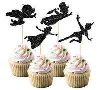 Gyufise 24 Pack Black Glitter Never Grow Up Cupcake Toppers P Pan Cake Toppers Baby Shower Never Grow Up Cupcake Picks for Neverland Theme Boys Girls Adults Birthday Party Cake Decorations