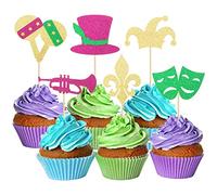 Gyufise 24 Pack Glitter Mardi Gras Cupcake Toppers Masquerade Mask Hat Balloon Cake Topper Decorations for Masquerade Mardi Gras Party Birthday Party Decorations