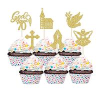 Gyufise 24 Pack Gold Glitter 70 Years Blessed Baptism Cupcake Toppers God Bless Cupcake Picks with Angel Cross Church Dove for Christian Religious 70th Birthday Anniversary Party Decorations