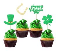 Gyufise 24 Pack Happy St Patrick's Day Cupcake Toppers Shamrock Cupcake Toppers Four Leaf Clover Hat Cake Picks for St Patrick's Day Party Decorations