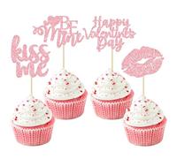 Gyufise 24 Pack Pink Glitter Happy Valentine's Day cake Toppers Be Mine Cake Toppers Kiss Me Lipstick for Valentine Theme Sweet Love Theme Wedding Engagement Bridal Shower Party Cake Decors