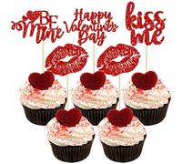 Gyufise 24 Pack Red Glitter Happy Valentine's Day Cupcake Toppers Be Mine Kiss Me Lipstick Cupcake Picks for Valentine Theme Sweet Love Theme Wedding Engagement Bridal Shower Party Cake Decorations