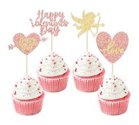 Gyufise 24 Pack Rose Gold Glitter Happy Valentine Day Cupcake Toppers Love Heart Cupcake Toppers for Valentine Theme Wedding Engagement Bridal Shower Party Cake Decorations