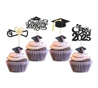 Gyufise 24Pcs 2025 Graduation Cupcake Toppers Glitter Class of 2025 Congrats Grad 2025 Cap Diploma Cupcake Picks 2025 Graduation Theme Party Cake Decorations Supplies Black