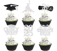 Gyufise 24Pcs 2025 Graduation Cupcake Toppers Glitter Class of 2025 Congrats Grad Cap Diploma Cake Decorations for 2025 Graduation Theme Birthday Party Supplies Black Silver