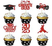 Gyufise 24Pcs 2025 Graduation Cupcake Toppers Glitter Class of 2025 Congrats Grad Cupcake Pick Decorations for 2025 Graduation Theme Birthday Party Supplies Black Red