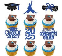 Gyufise 24Pcs 2025 Graduation Cupcake Toppers Glitter Class of 2025 Congrats Grad Cupcake Pick Decorations for 2025 Graduation Theme Birthday Party Supplies Blue Black
