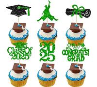 Gyufise 24Pcs 2025 Graduation Cupcake Toppers Glitter Class of 2025 Congrats Grad Cupcake Pick Decorations for 2025 Graduation Theme Birthday Party Supplies Black Green