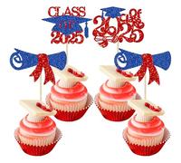 Gyufise 24Pcs 2025 Graduation Cupcake Toppers Glitter Diploma Grad Cap 2025 Graduation Cupcake Picks for 2025 Graduation Theme Party Cake Decoration Supplies Blue Red