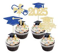 Gyufise 24Pcs 2025 Graduation Theme Cupcake Toppers Glitter Class of 2025 Graduation Cap Diploma Cupcake Picks for 2025 Graduation Theme Party Cake Decorations Supplies Blue Gold