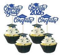Gyufise 24Pcs 2026 Congrats Grad Cupcake Toppers Glitter Congrats 2026 Grad Cap Cupcake Picks Class of 2026 Cake Topper 2026 Graduation Theme Party Cake Decorations Supplies Blue