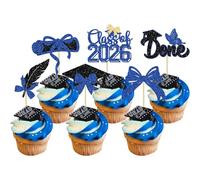 Gyufise 24Pcs 2026 Graduation Theme Cupcake Toppers Class of 2026 Cupcake Picks Butterfly Bow Diploma Congrats Grad Cake Decorations for 2026 High School College Girl Graduation Party Supplies Blue 2