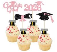 Gyufise 24Pcs 2026 Graduation Theme Cupcake Toppers Glitter Class of 2026 Diploma Graduation Cap Cupcake Picks 2026 Graduation Theme Party Cake Decorations Supplies Pink