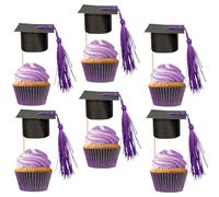 Gyufise 24Pcs 3D 2025 Graduation Cap Cupcake Toppers DIY 2025 Congrats Grad Cupcake Picks Graduation Cap with Tassels 2025 Graduation Cupcake Picks for Graduation Theme Party Supplies Black Purple