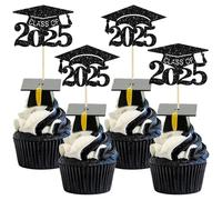 Gyufise 24Pcs Black Glitter 2025 Graduation Cap Cupcake Toppers Class of 2025 Grad Cap Cupcake Picks for 2025 Graduation Theme Party Cake Decorations Supplies