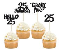 Gyufise 24Pcs Black Glitter 25th Birthday Cupcake Toppers 25 Fabulous Cupcake Picks Hello 25 Twenty Five Cupcake Picks for 25th Birthday Cake Decorations Supplies
