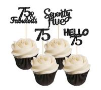 Gyufise 24Pcs Black Glitter 75th Birthday Cupcake Toppers Hello 75 Seventy Five 75 Cake Toppers 75 Fabulous Cupcake Picks for 75th Birthday Cake Decorations Supplies