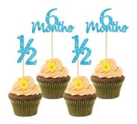 Gyufise 24Pcs Blue Glitter 1/2 Birthday Half A Year Old Cupcake Toppers 6 Months Cake Decorations for Celebrating Sweet 6 Months Baby Shower Birthday Party Decorations