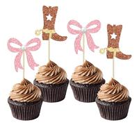 Gyufise 24Pcs Boots or Bows Cupcake Toppers Glitter Pearl Bow Boy or Girl Cupcake Picks for Gender Reveal Theme Baby Shower Boys Girls Birthday Party Cake Decorations Supplies Brown Pink 1