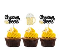 Gyufise 24Pcs Cheers and Beers Cupcake Toppers Black Glitter Beer Mug Cupcake Picks Baby Shower Birthday Beers Festival Themed Party Cake Decorations Supplies