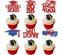 Gyufise 24Pcs Congrats Grad 2025 Cupcake Toppers Glitter 2025 Graduation Done Diploma Cupcake Picks Class of 2025 Cupcake Decorations for 2025 Graduation Theme Party Supplies Red Blue